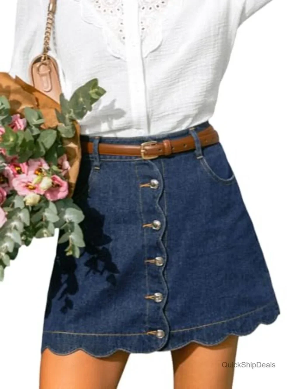 CUPSHE Denim Mini Skirt Button Front A-Line Scalloped Jeans Women Size XS-XL